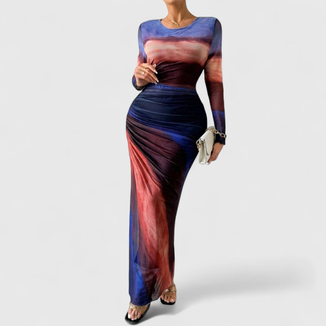Cara - Comfy Printed Maxi Dress With Round Neck And Long Sleeves