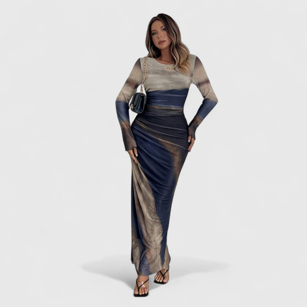 Cara - Comfy Printed Maxi Dress With Round Neck And Long Sleeves