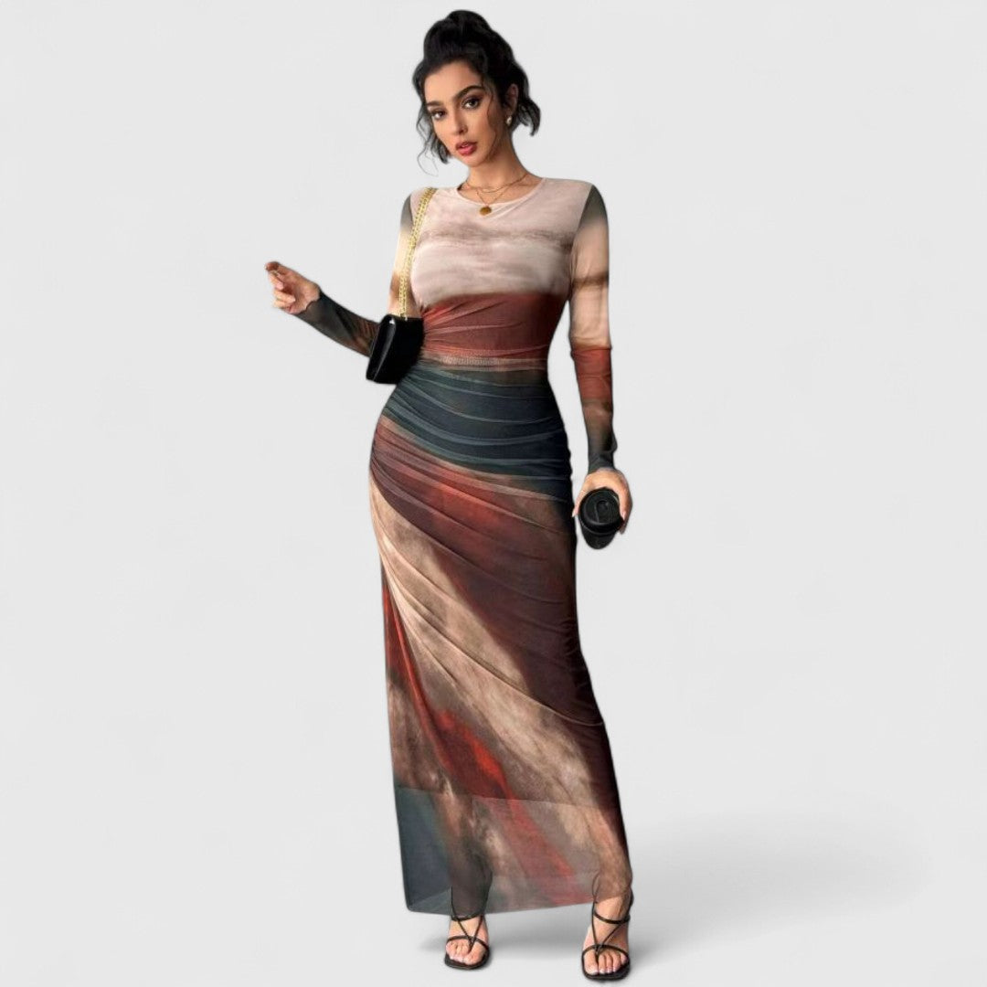 Cara - Comfy Printed Maxi Dress With Round Neck And Long Sleeves