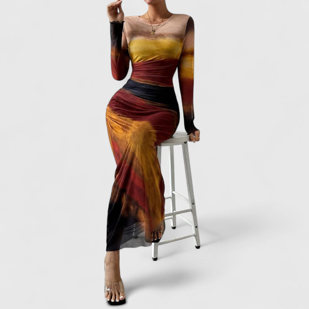 Cara - Comfy Printed Maxi Dress With Round Neck And Long Sleeves