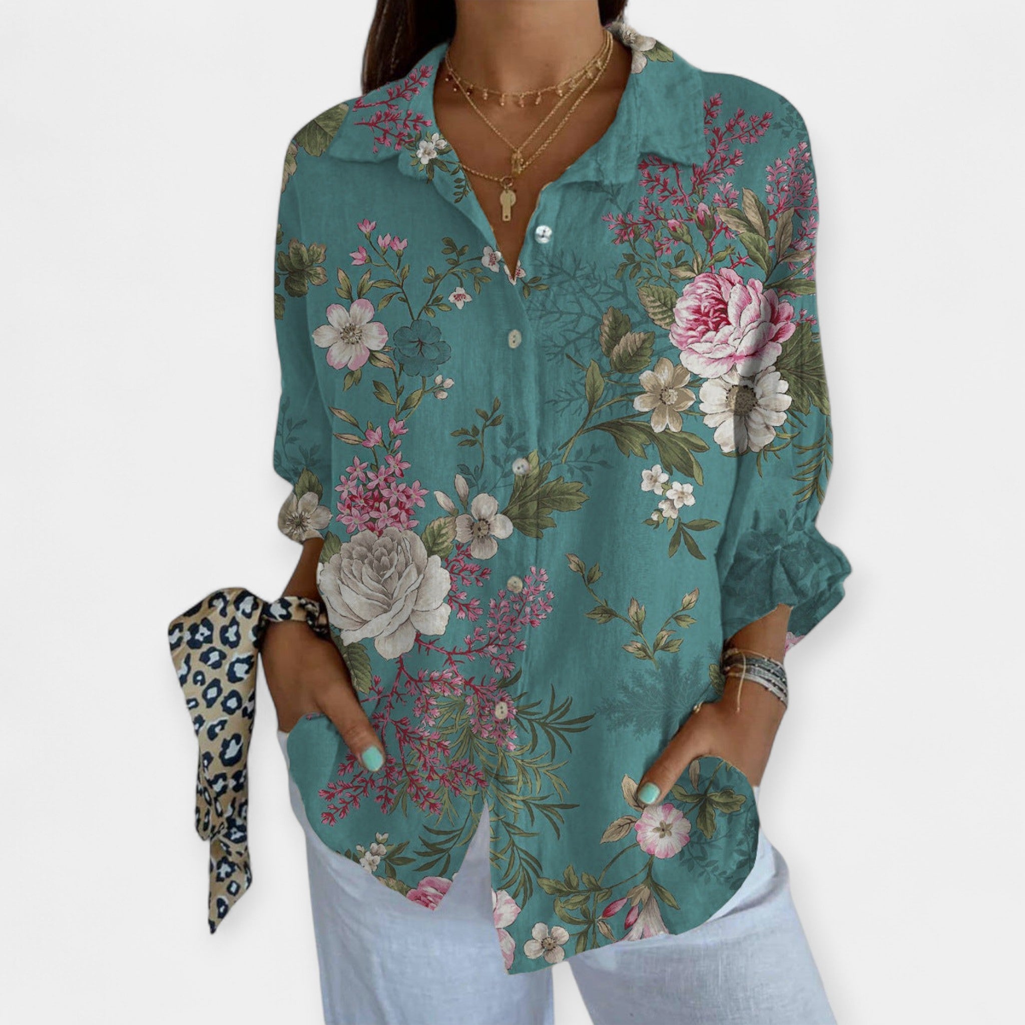 Artistic Linen Shirt With Floral Bird Print for Summer