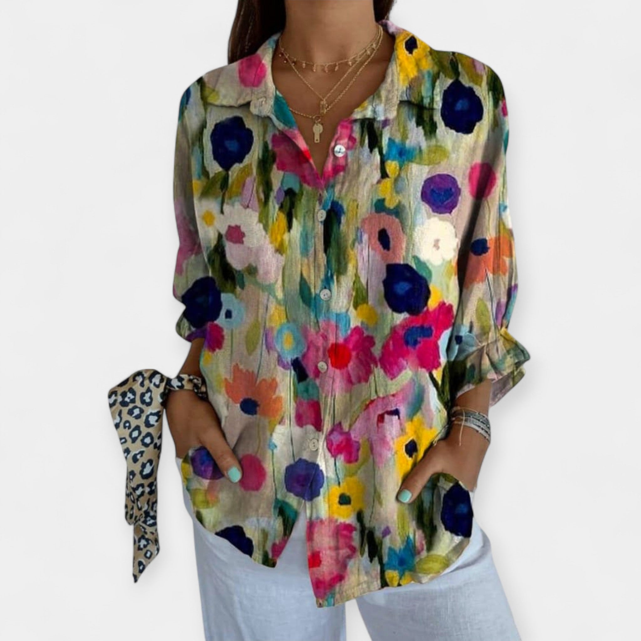 Artistic Linen Shirt With Floral Bird Print for Summer
