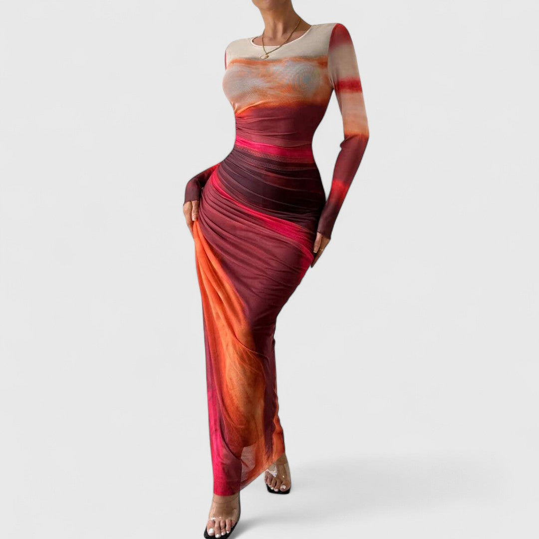 Cara - Comfy Printed Maxi Dress With Round Neck And Long Sleeves