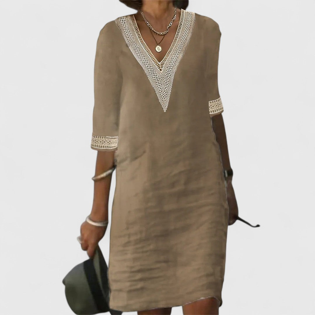 Stella Lace V Neck Dress With Relaxed Fit Three Quarter Sleeves