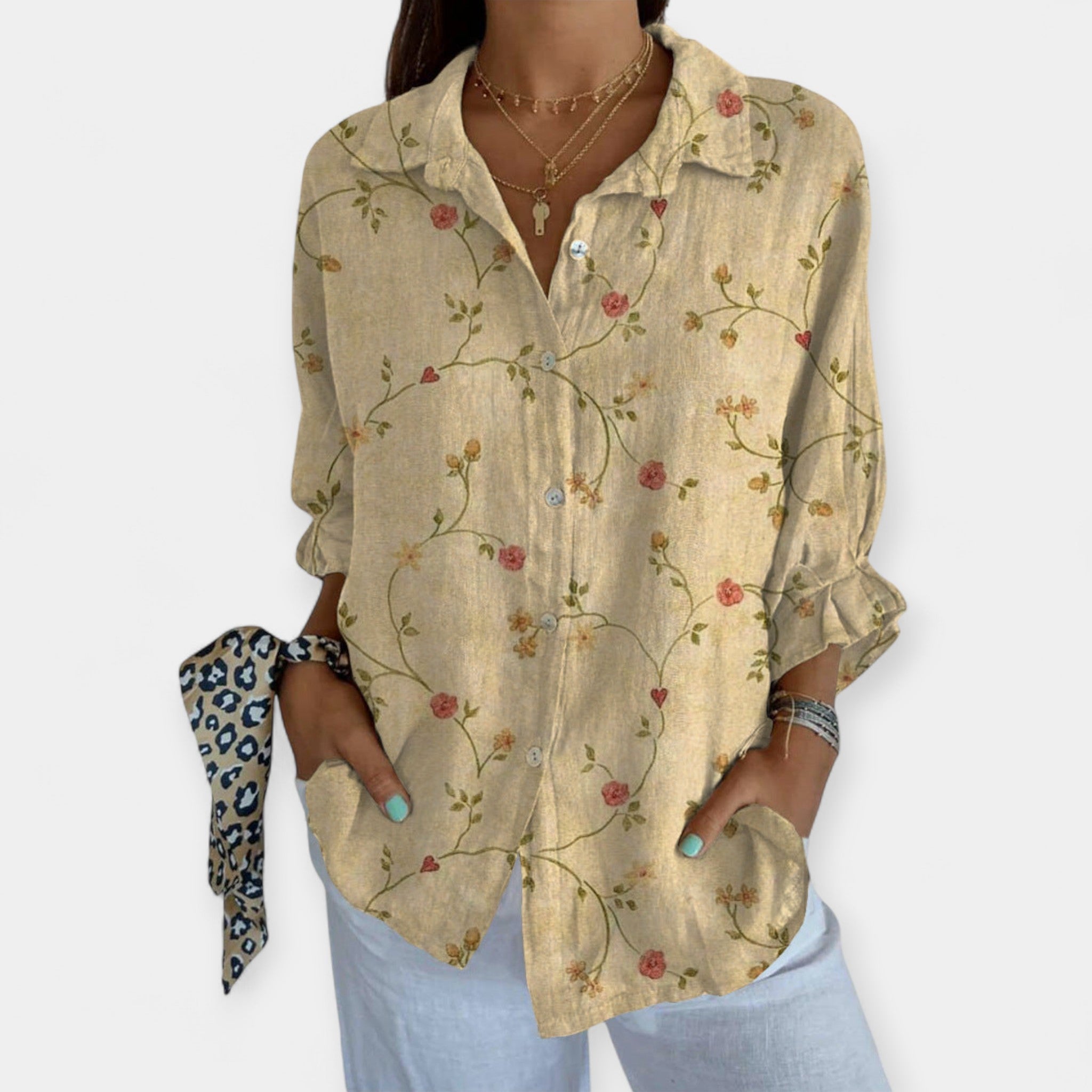 Artistic Linen Shirt With Floral Bird Print for Summer
