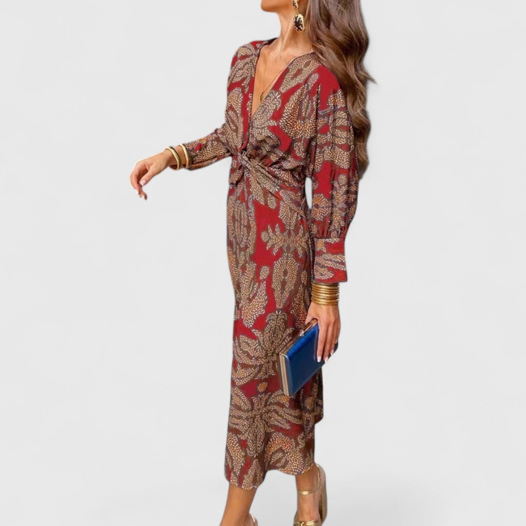 Midi Dress Front Twist Deep V Neck Long Sleeves Paisley