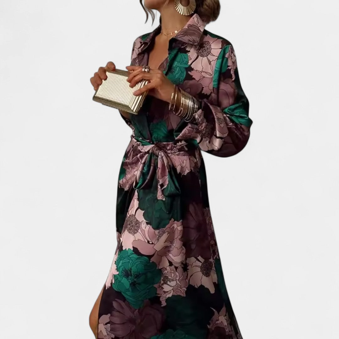 Elpina Long Ruched Floral Print Dress With Long Sleeves