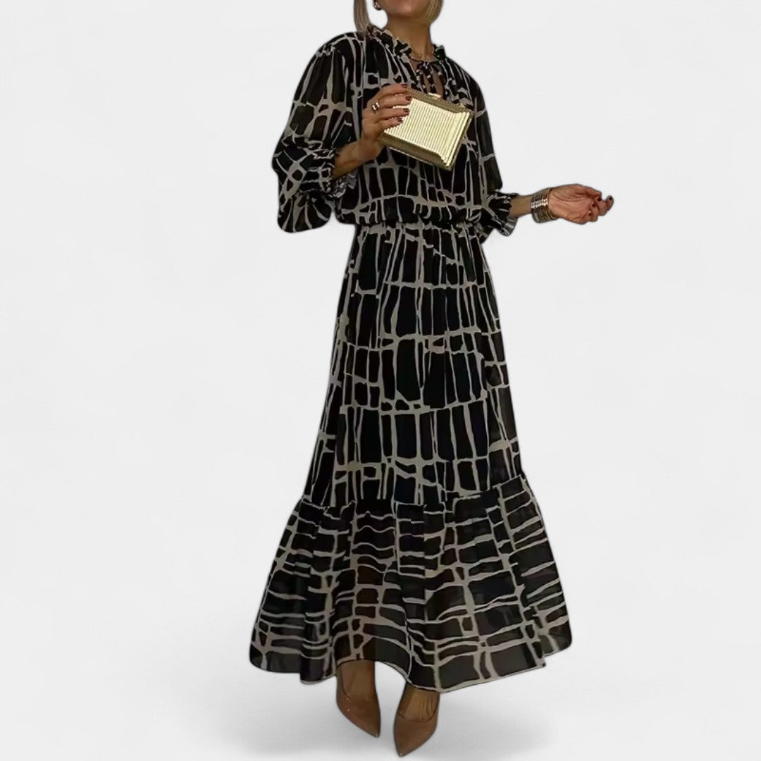 Elpina Long Ruched Floral Print Dress With Long Sleeves