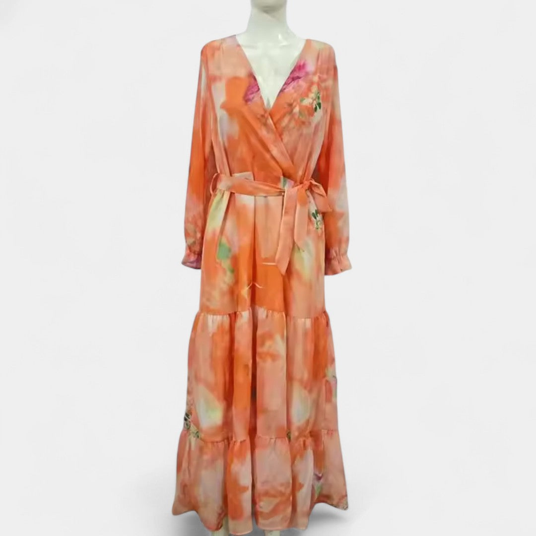 Elpina Long Ruched Floral Print Dress With Long Sleeves