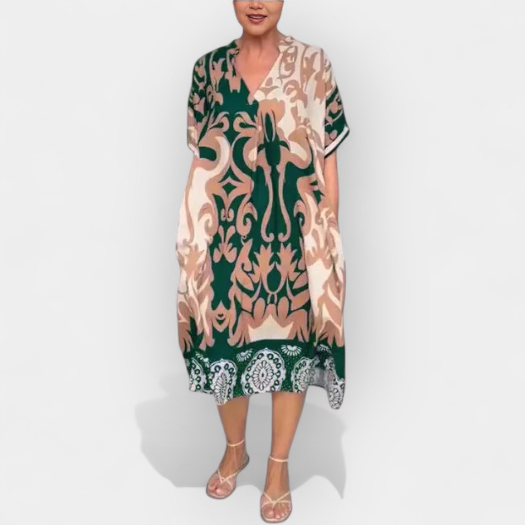 Lightweight Summer Midi Dress With Floral Print And V Neck