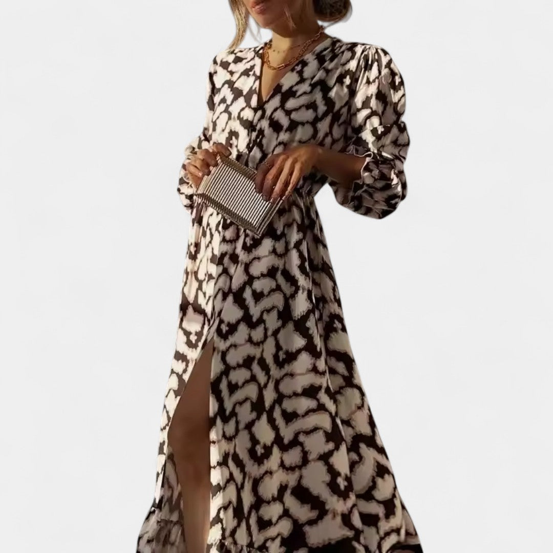 Elpina Long Ruched Floral Print Dress With Long Sleeves