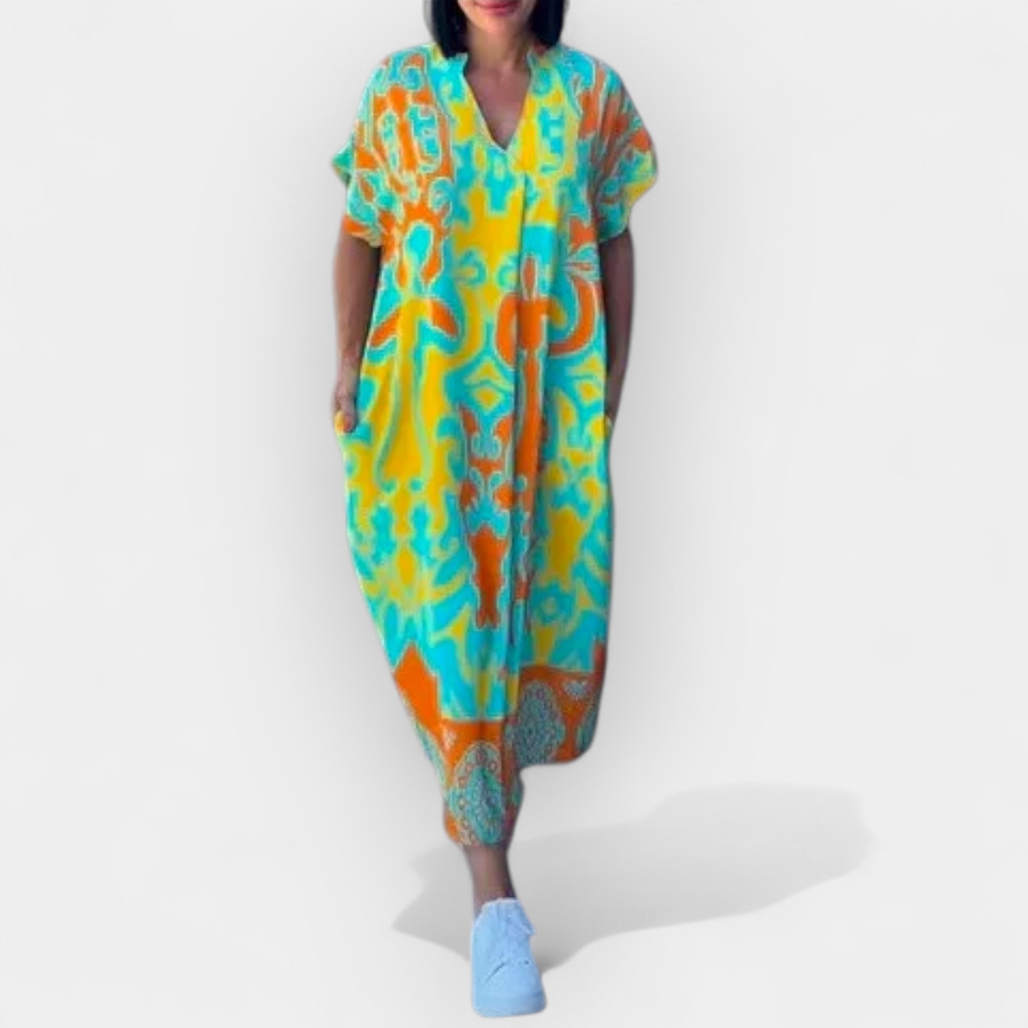 Lightweight Summer Midi Dress With Floral Print And V Neck