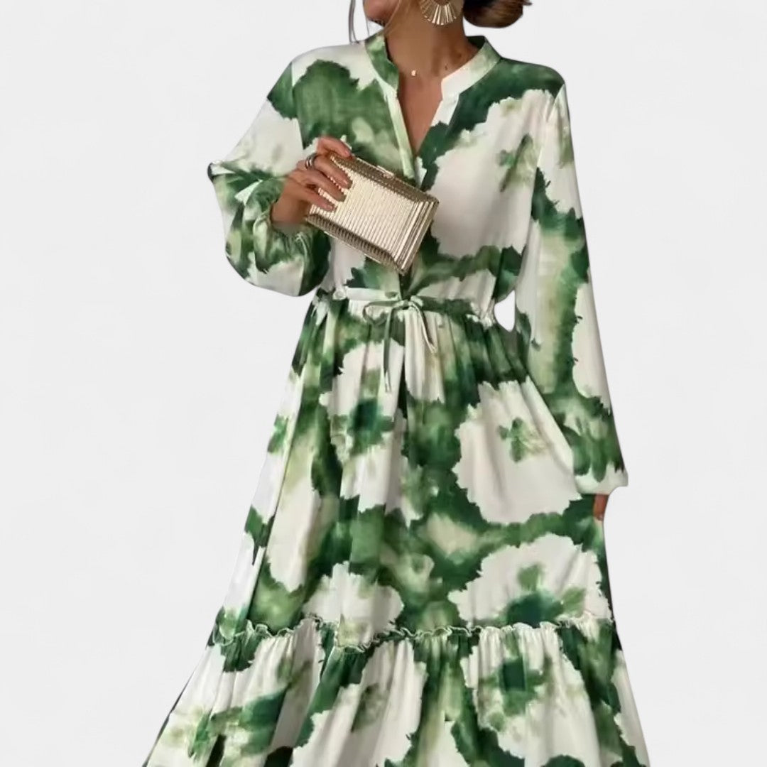 Elpina Long Ruched Floral Print Dress With Long Sleeves
