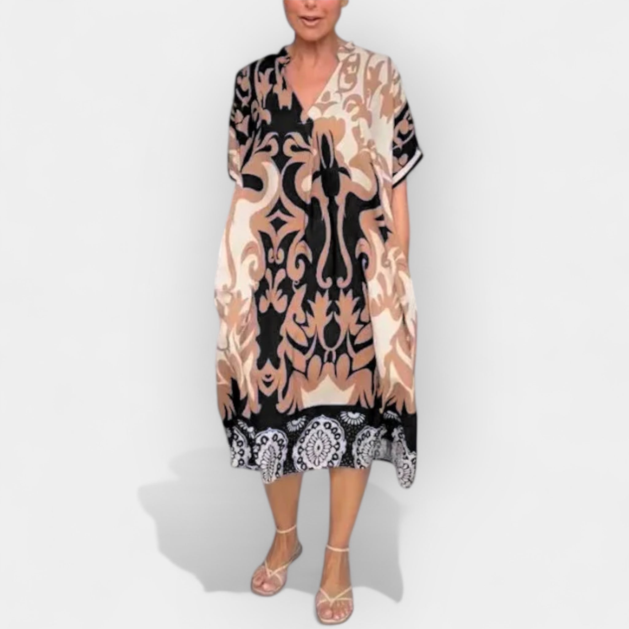 Lightweight Summer Midi Dress With Floral Print And V Neck