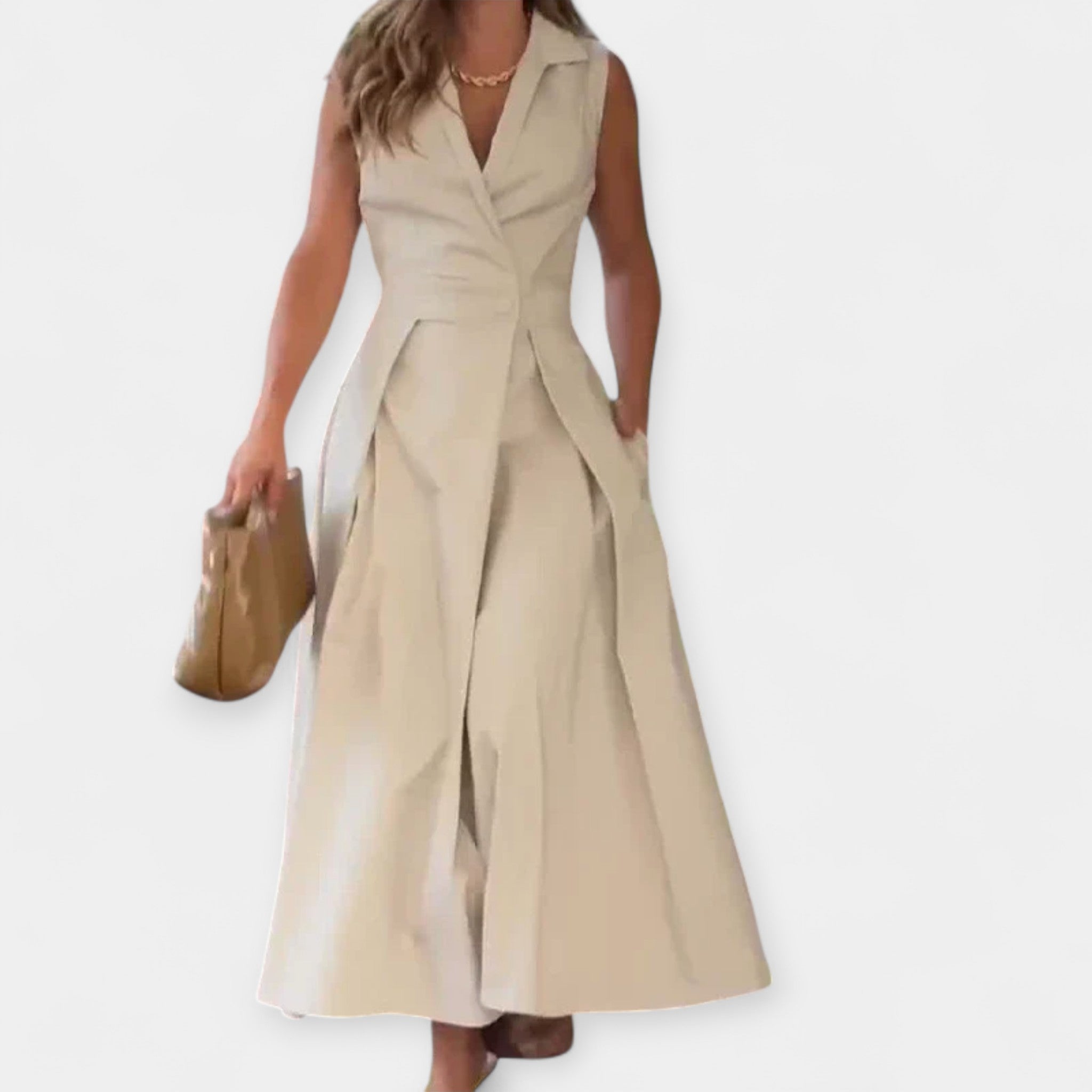 Midi Dress With Small Collar Sleeveless Classic Style