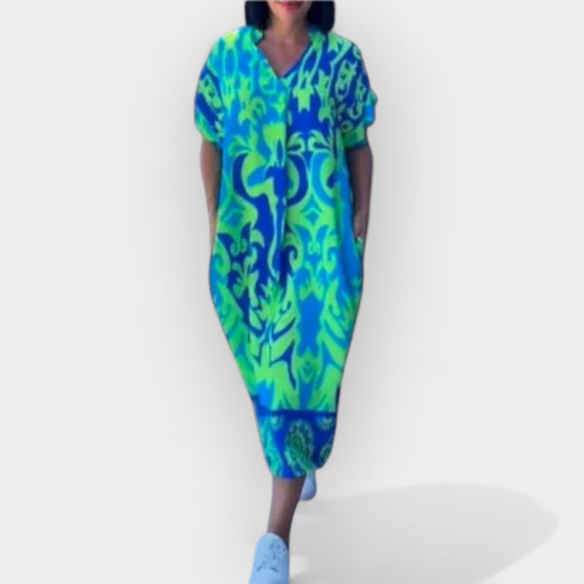 Lightweight Summer Midi Dress With Floral Print And V Neck