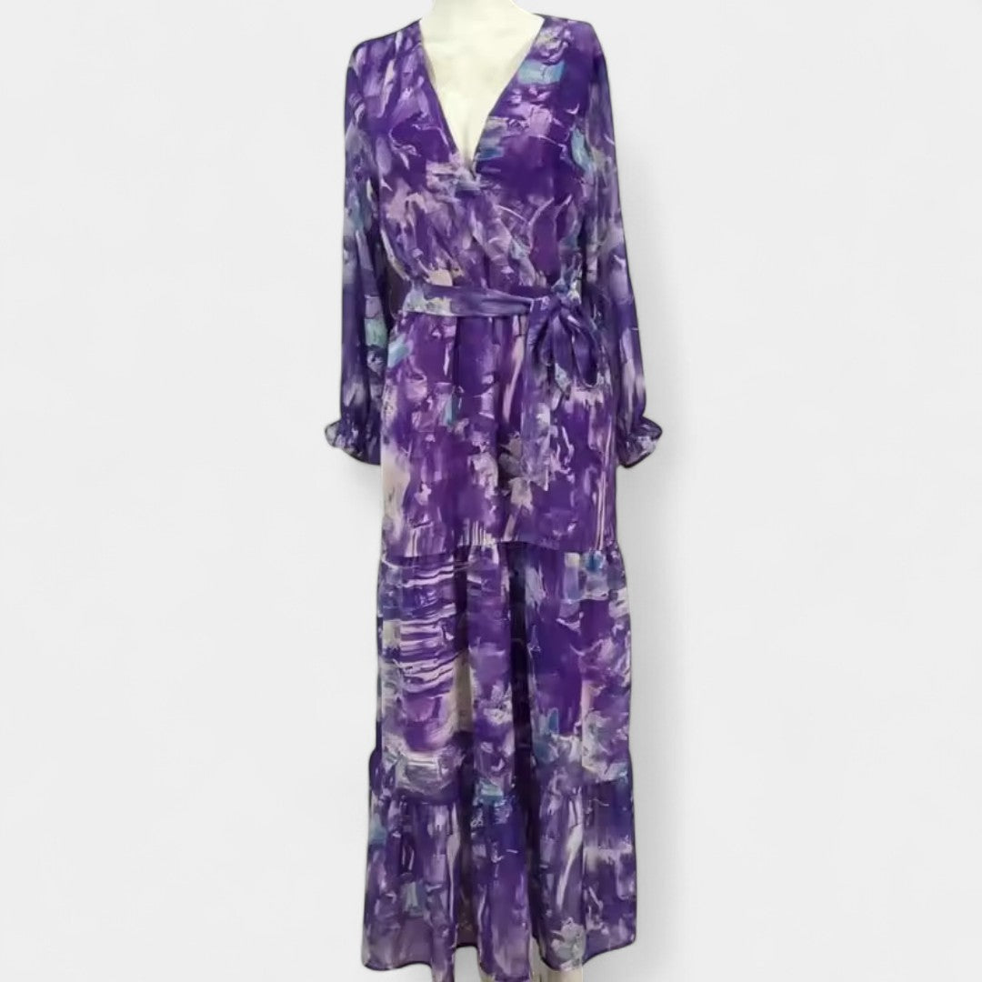 Elpina Long Ruched Floral Print Dress With Long Sleeves