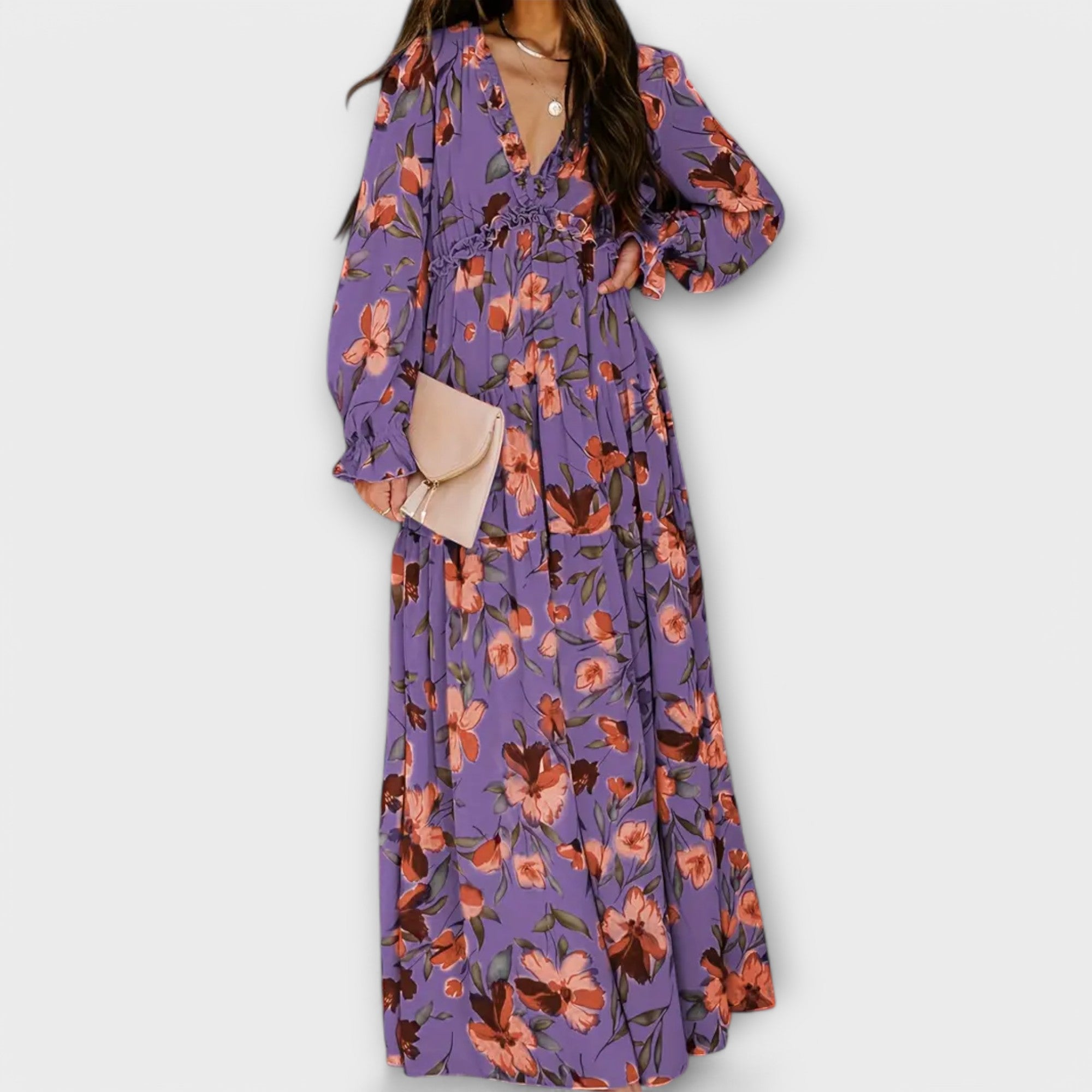 Maxi Floral Pattern Dress With V Neck And Long Sleeves