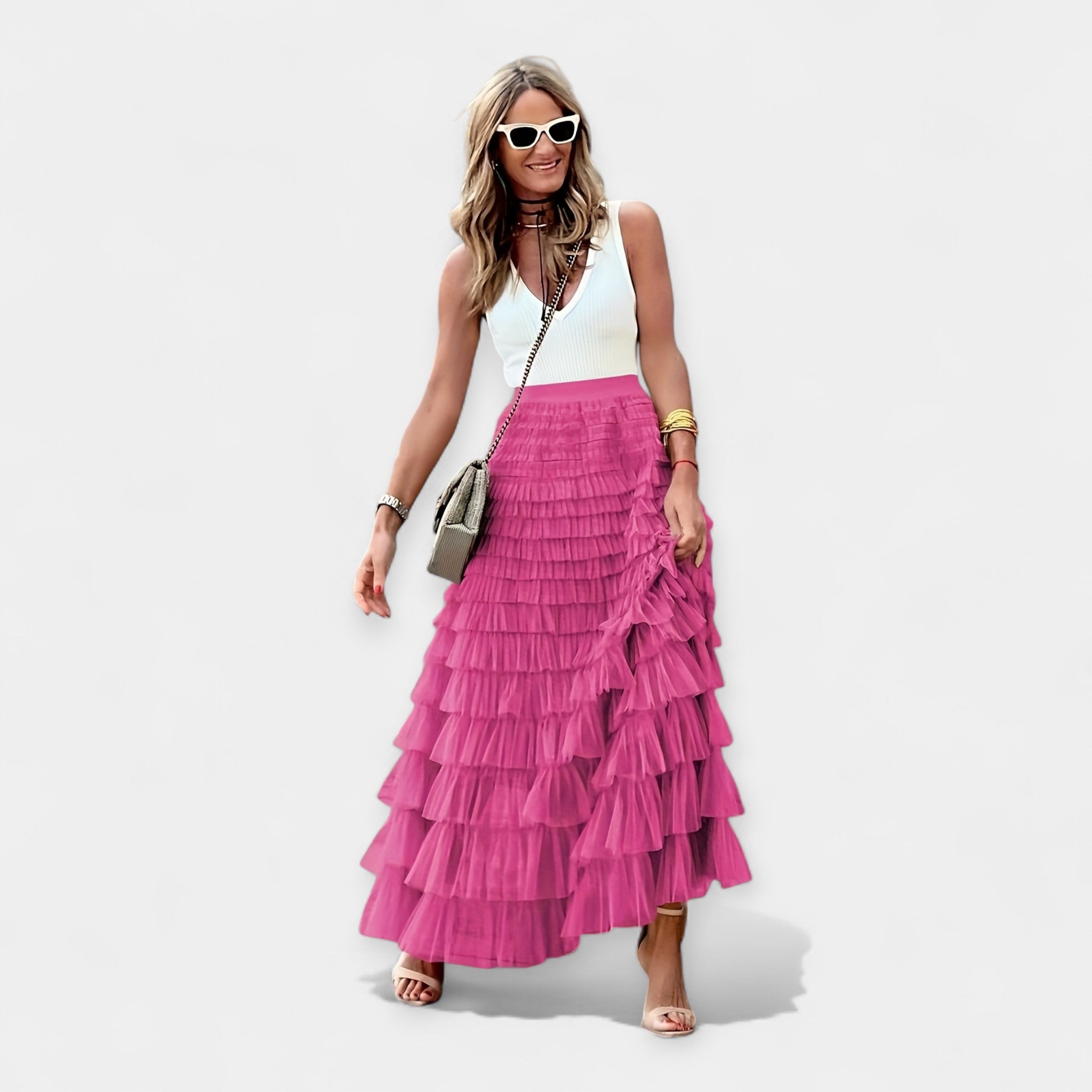 Boho Skirt With Net Hem High Waist Summer And Crop Tops