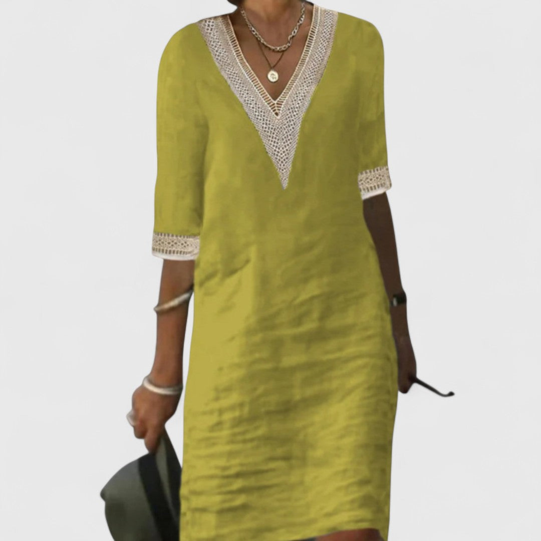 Hera Linen Everyday Dress With Delicate Lace Detail