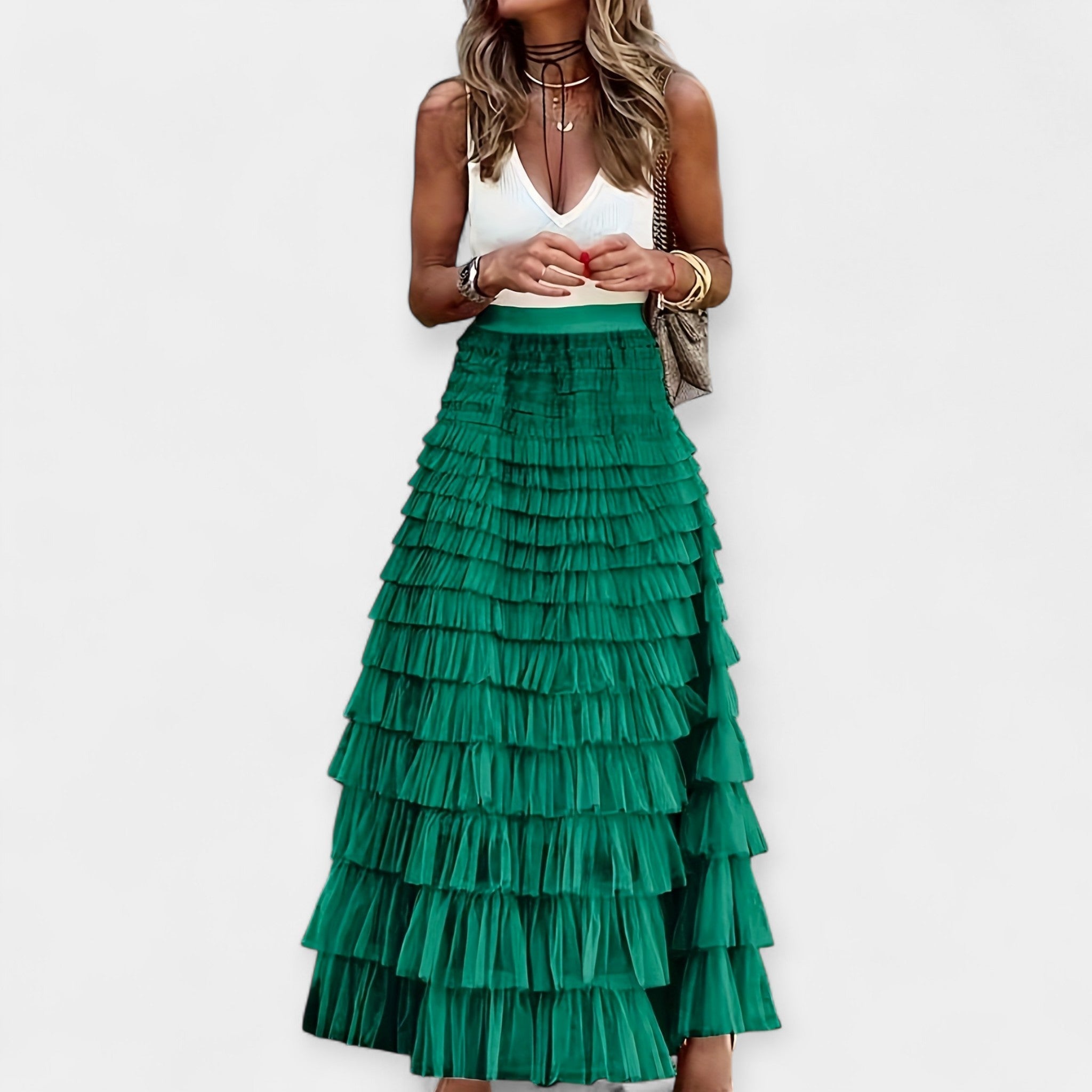 Boho Skirt With Net Hem High Waist Summer And Crop Tops