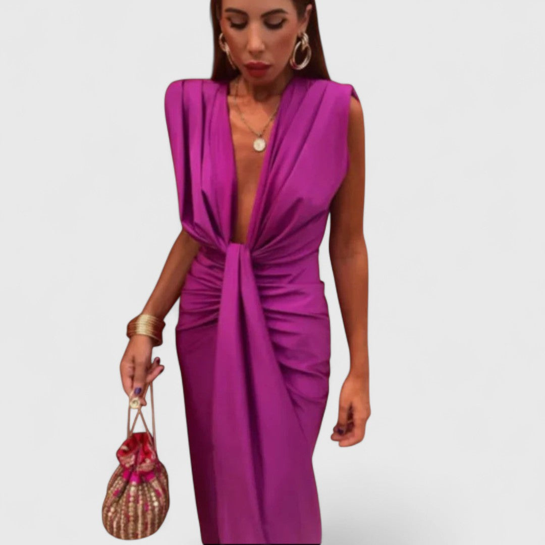 Metaxia Draped Dress With Deep V Neck And Feminine Charm