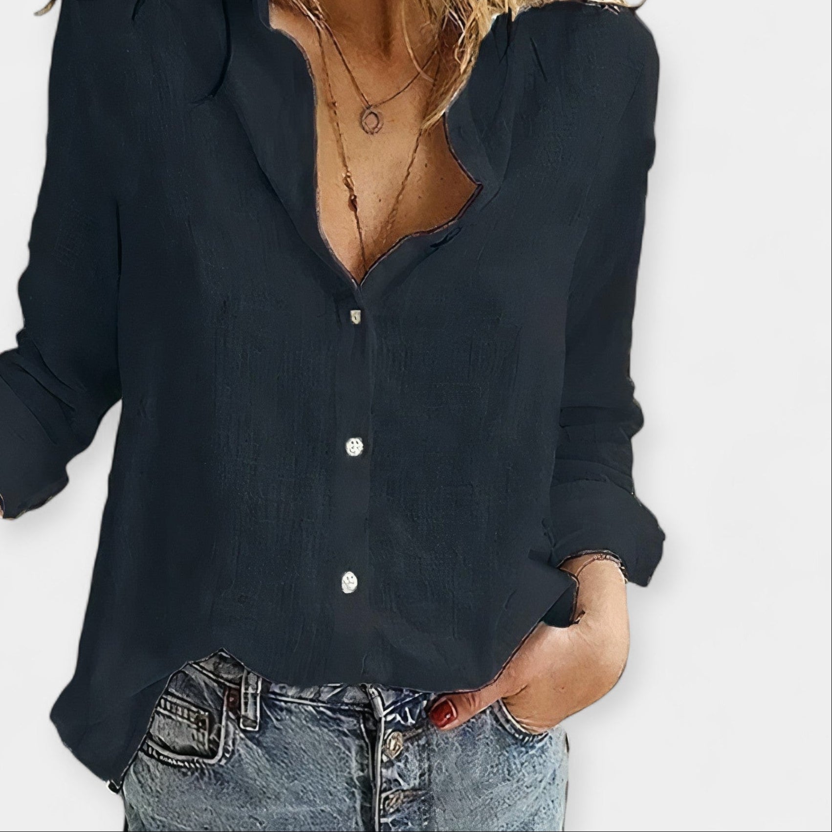 Relaxed Linen Blouse With Embroidered V Neck Design