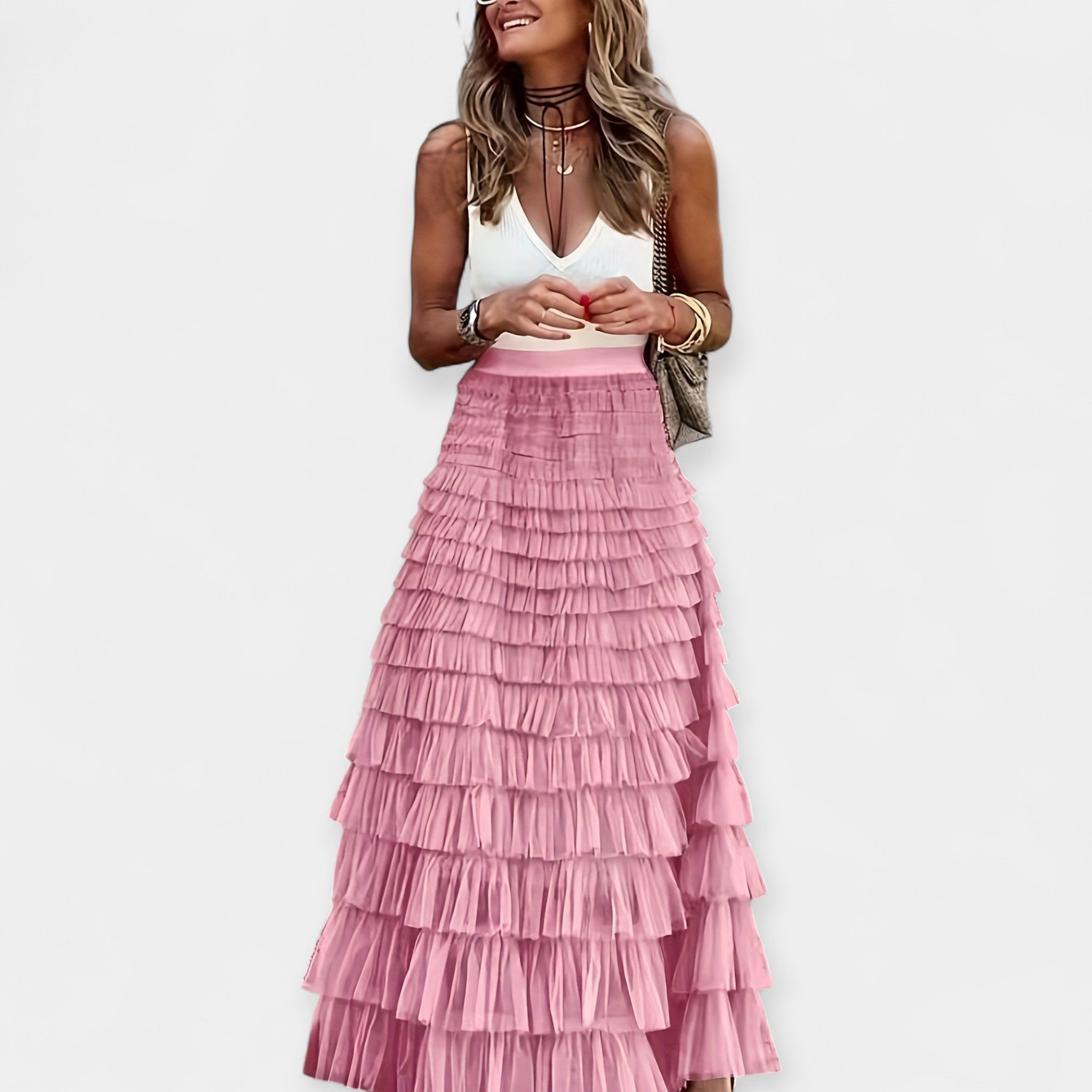 Boho Skirt With Net Hem High Waist Summer And Crop Tops