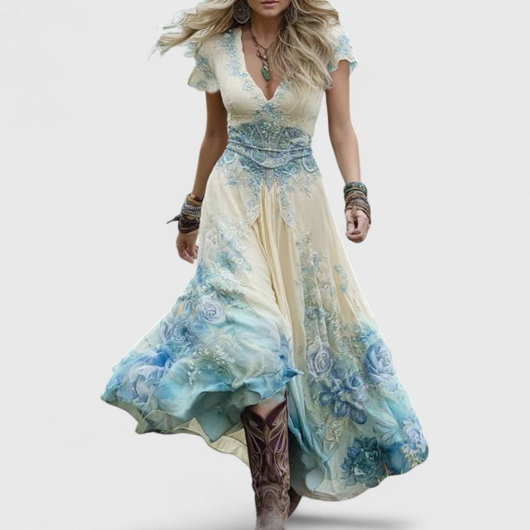 Savvoula Elegant Boho Chic Gradient Floral Long Dress