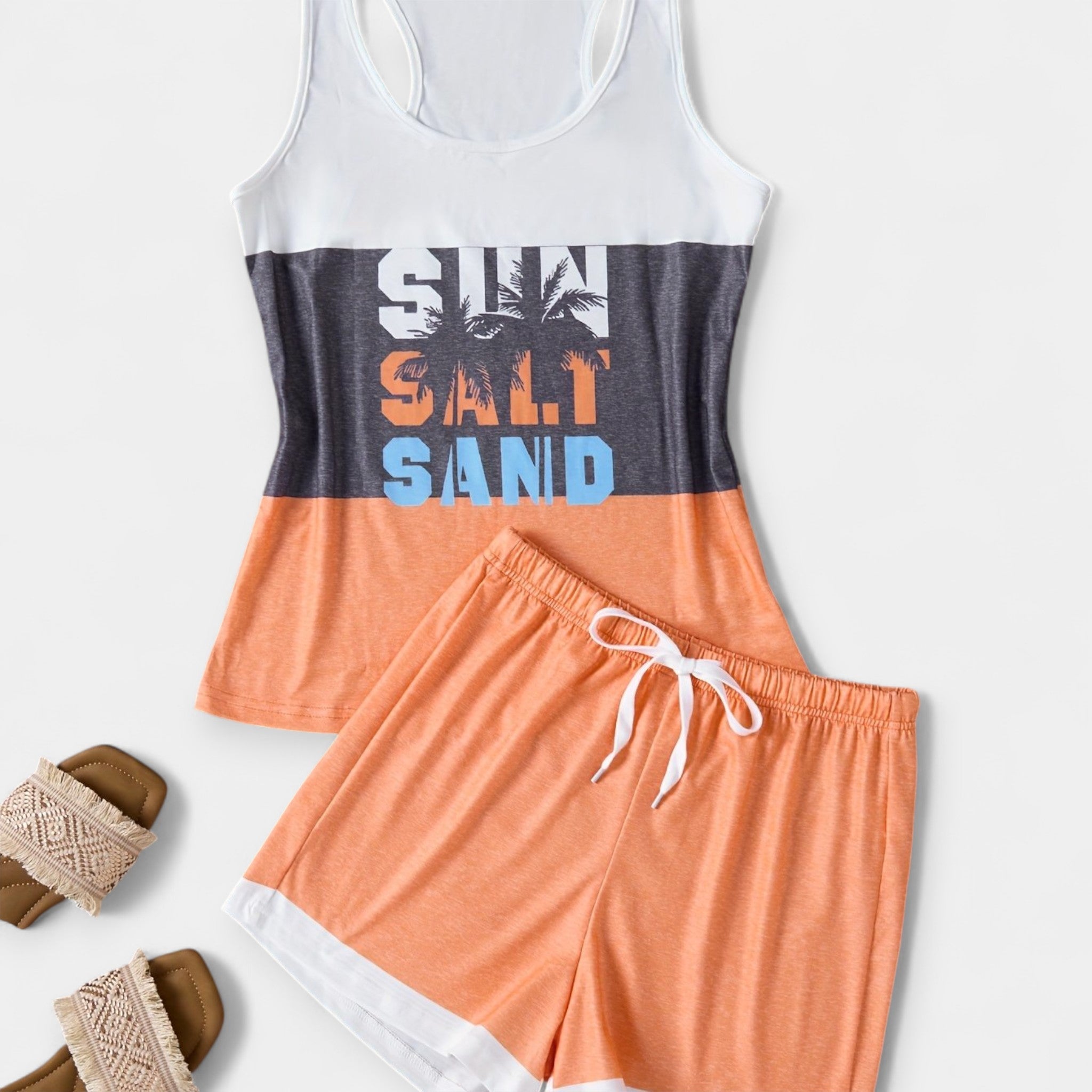 Summer Palm Set With Tropical Print Tank Top And Shorts