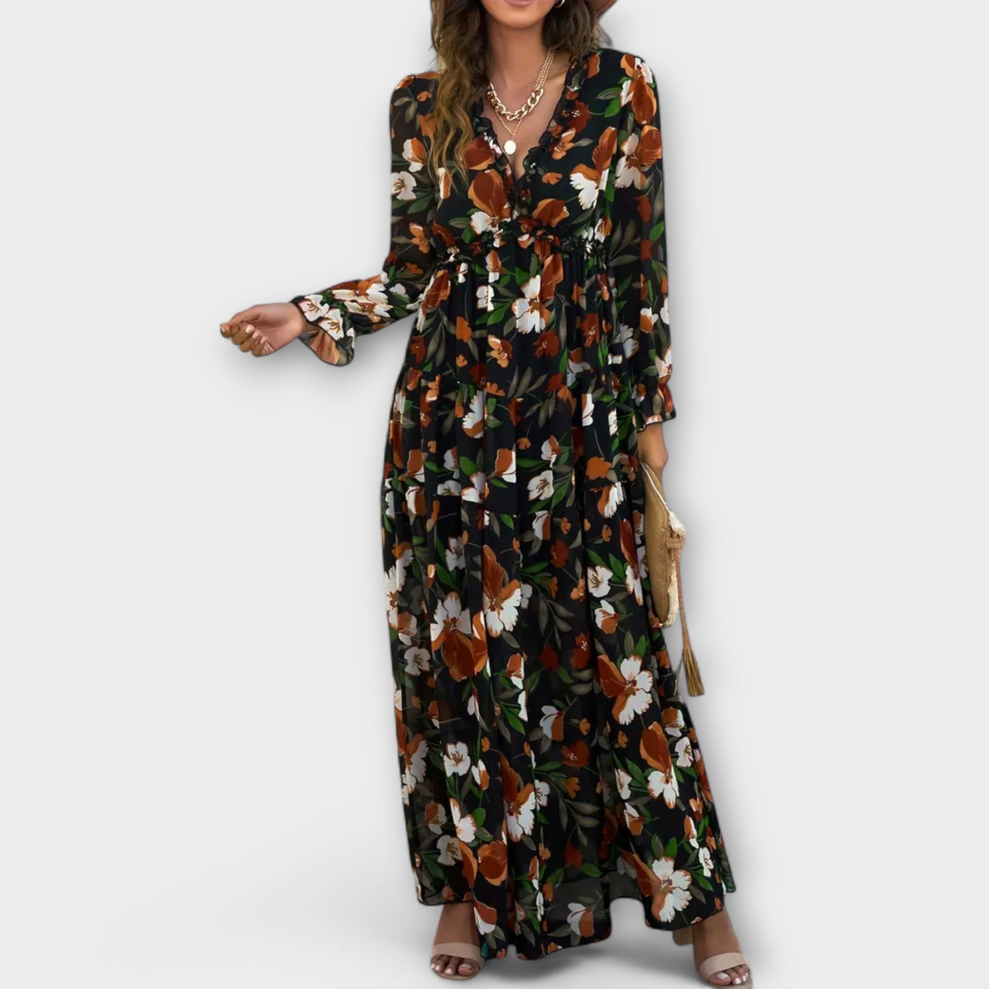 Maxi Floral Pattern Dress With V Neck And Long Sleeves