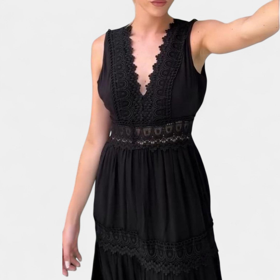 Agni Sleeveless Boho Midi Dress With Delicate Lace Details