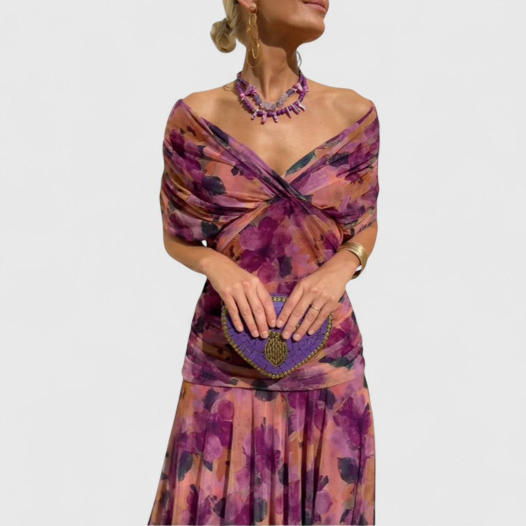 Antigone Long Dress With Bardot Neckline For Evening Wear