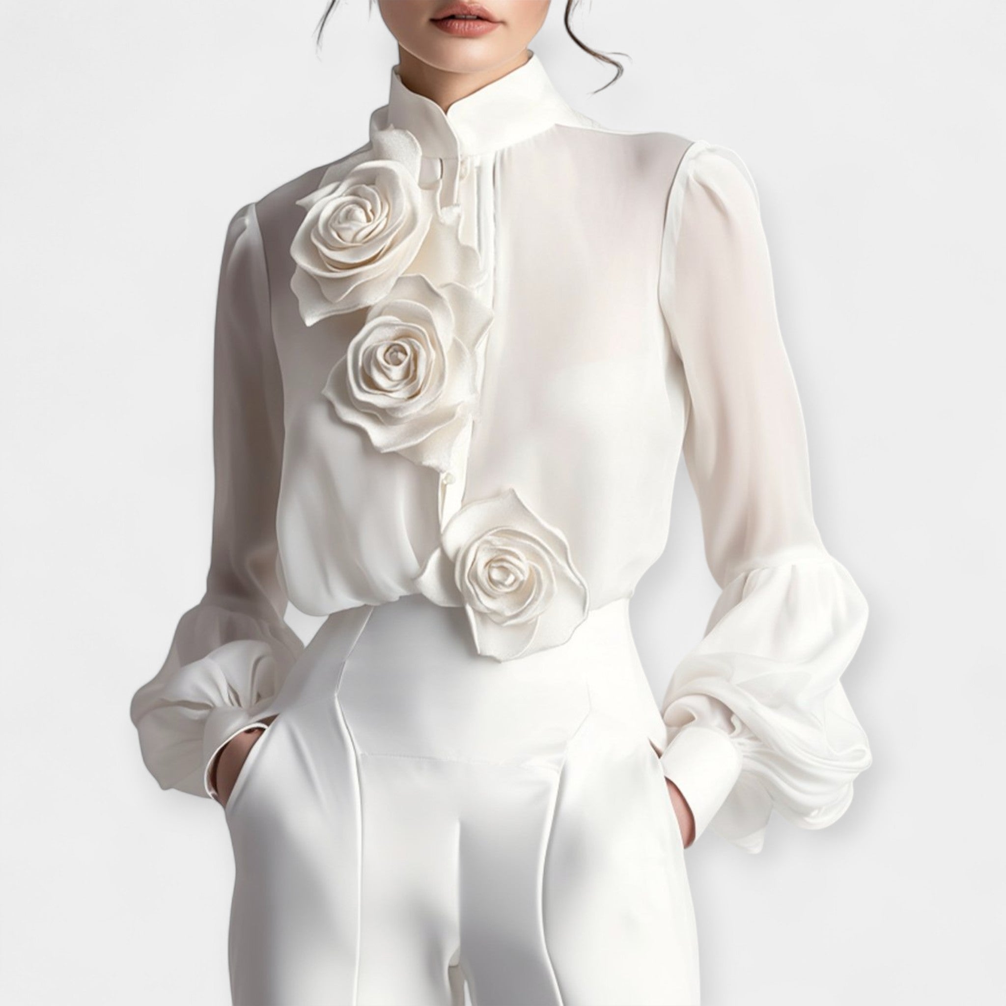 White Blouse With 3D Rose Appliques And Sheer Neckline