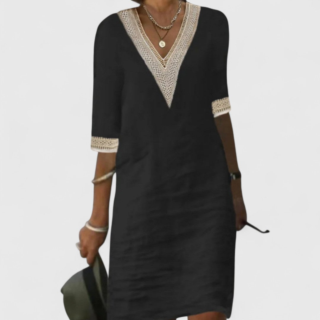 Stella Lace V Neck Dress With Relaxed Fit Three Quarter Sleeves