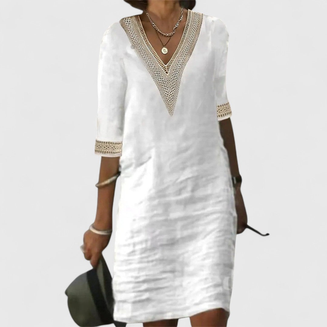 Stella Lace V Neck Dress With Relaxed Fit Three Quarter Sleeves