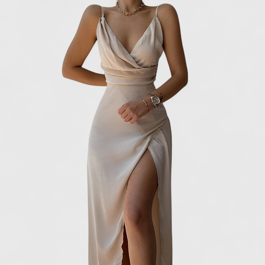 Isabella Elegant V Neck Dress With Asymmetric Hemline