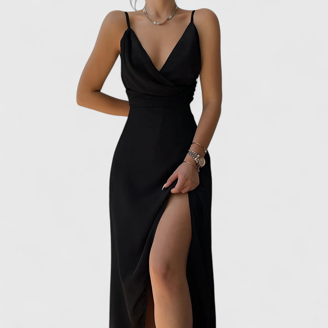 Isabella Elegant V Neck Dress With Asymmetric Hemline