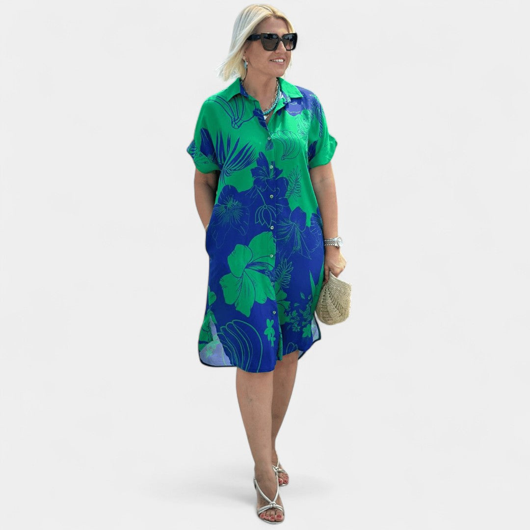 Eirene Floral Dress With Short Sleeves And Buttoned Collar